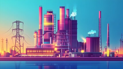 Poster - Cartoon style Minimal Power Plant with Simplistic Geometric Shapes and Vivid Colors Featuring Sleek Machinery Glowing Energy Conduits