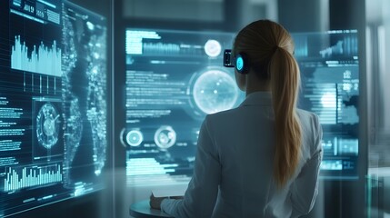 Poster - Businesswoman Interacting with Futuristic Augmented Reality Dashboard to Analyze Holographic Data Visualizations and Analytics for Strategic Decision Making in a Modern Corporate Office