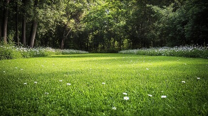 Wall Mural - Serene Green Lawn with Delicate White Flowers