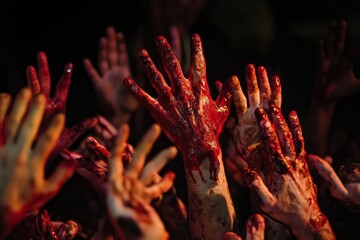 Poster - Zombie hands rising in dark Halloween night - generative ai