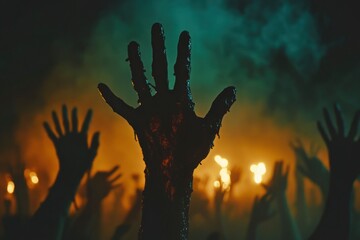 Wall Mural - Zombie hands rising in dark Halloween night - generative ai