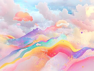 Poster - Pastel toned abstract landscape with a playful imaginative Organic shapes and flowing patterns in a rainbow of colors create a dynamic expressive composition with a sense of movement and a surreal