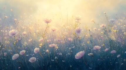Poster - Ethereal Flower Field with Delicate Pastel Blossoms and Soft Petal Textures Serene Meadow Ambiance Dreamy Atmospheric Haze and Impressionistic Painting Technique in a Romantic Neo Impressionist Style