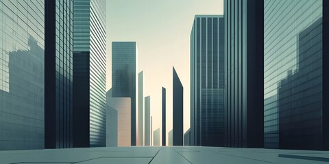 Poster - Minimalist architectural cityscape featuring a clean linear arrangement of modern high rise buildings with sharp edges and a symmetrical brutalist design  The cinematic