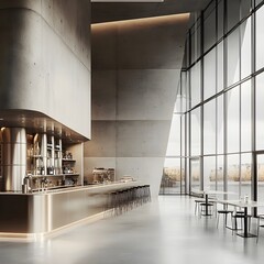 Poster - Pastel toned Minimalist and Modern Architectural Design of a Compact Distillery with Sharp Angular Forms Brushed Metal Fixtures and Abundant Natural Light from Large Windows