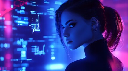 Poster - Futuristic Businesswoman Navigates Digital Currency Exchange with Holographic Data Insights  Sleek neon blue background showcases advanced financial analytics and virtual currency trading