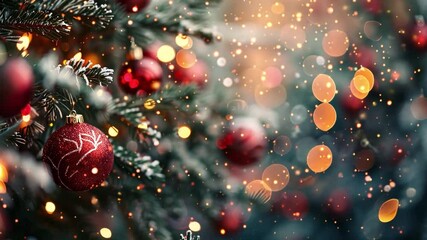 Aufkleber - A beautifully decorated Christmas tree features vibrant red ornaments and twinkling lights, surrounded by a magical bokeh effect that enhances the festive atmosphere during the holidays.