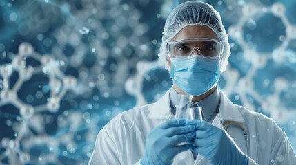 Poster - A man in a lab coat is wearing a mask and gloves