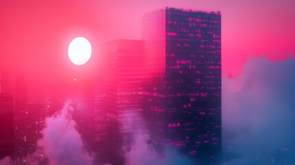 Sticker - Futuristic synthwave skyscraper combined with urban city lights in a creative double exposure image.