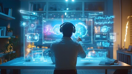Poster - Innovative holographic technology enabling collaborative product development and virtual workspace in a futuristic tech driven business environment  Showcasing the future of digital innovation