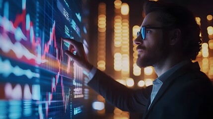 Poster - Businessman Analyzing Market Trends and Financial Data Using Augmented Reality Graphs and Displays in a Contemporary Office Backdrop