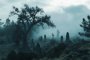 Wall Mural - Halloween Concept, Spooky graveyard scene complete with scary trees, deep fog and Creepy clouds - generative ai