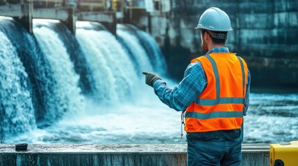 Poster - A worker in a safety vest inspecting a turbine at a hydroelectric power plant, with flowing water in the background.