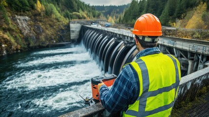 Poster - A worker in a safety vest inspecting a turbine at a hydroelectric power plant, with flowing water in the background.