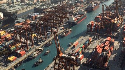 Poster - An aerial view of a busy industrial harbor with ships docking, cranes loading cargo, and shipping containers stacked high.