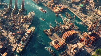 Poster - An aerial view of a busy industrial harbor with ships docking, cranes loading cargo, and shipping containers stacked high.