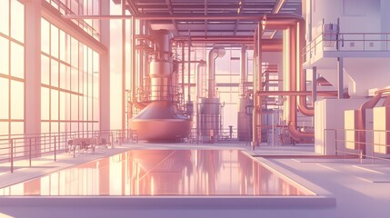 Poster - Pastel hued minimalist industrial structure with geometric shapes copper piping and metal grates  Sleek angular silhouettes and iridescent panels glistening in soft light