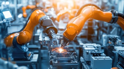 Poster - An industrial robot welding parts in an automotive factory, showcasing advanced technology in mass production.