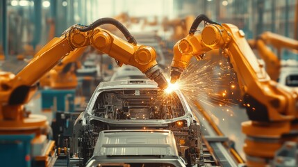 Poster - An industrial robot welding parts in an automotive factory, showcasing advanced technology in mass production.