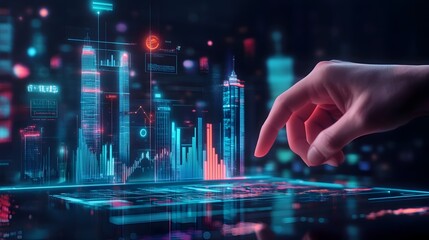 Poster - Innovative holographic financial tools and data visualization platform set against a futuristic virtual cityscape representing the future of entrepreneurship and business strategy