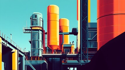 Poster - minimalist and abstract power plant featuring bold solid colors dynamic architectural forms and a re