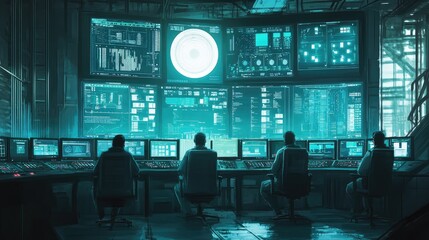 Poster - Engineers in a control room overseeing a large industrial facility, with monitors displaying various production metrics.