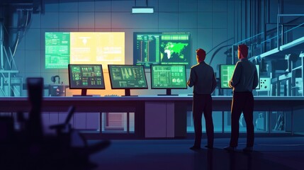 Poster - Engineers in a control room overseeing a large industrial facility, with monitors displaying various production metrics.