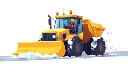 A Yellow Snowplow Clearing Snow From a Road