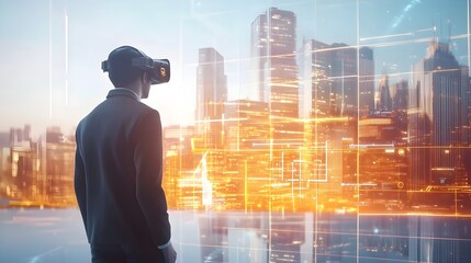 Poster - Futuristic business presentation with virtual reality tools and holographic market trends  Showcasing a modern skyline backdrop this image represents the of technology innovation