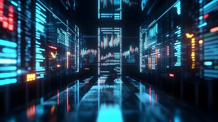 Poster - Futuristic hologram exchange with virtual financial graphs charts and data displays on a dark background  Concept of modern digital financial technology and investment analytics
