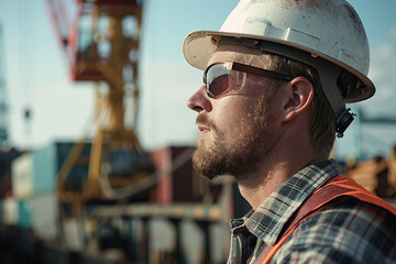 Wall Mural - Worker foreman builder on a building construction site generative AI image