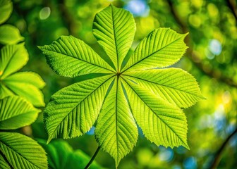 Wall Mural - A radiant green buckeye tree leaf glimmers in soft natural light, creating a beautiful focus amidst a gentle, blurred background typical of Ohio's landscape.