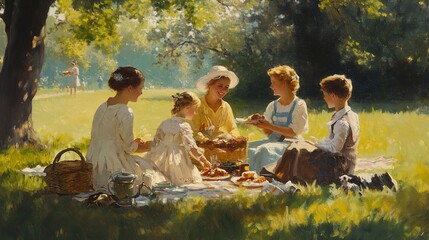 Poster - Family, friends, enjoying a picnic on a sunny summer day. 