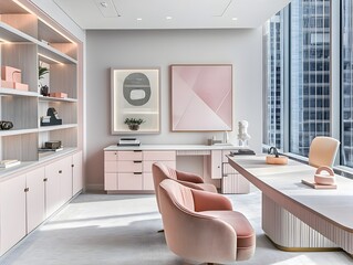 Aufkleber - Chic and modern corporate workspace featuring streamlined desks and shelving units plush velvet accent chairs abstract geometric art installations and sweeping views of a bustling cityscape