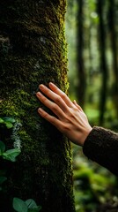 Sticker - A person gently holding and kissing the trunk of an old tree in a forest, with moss on its bark, symbolizing care for nature