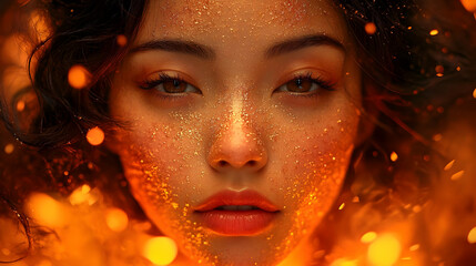 Canvas Print - Golden Sparkles, A Woman's Face, Glowing in the Dark