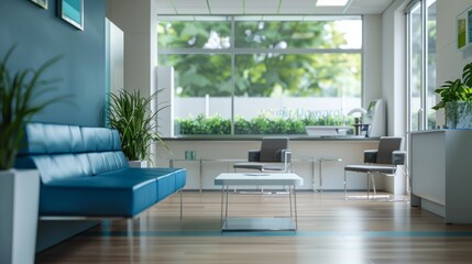 Poster - A blue couch sits in front of a window with a potted plant