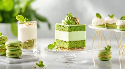 Wall Mural - A vibrant display of green desserts, featuring layered cake, cream, macarons, and garnishes, crafted for a fresh, elegant presentation.