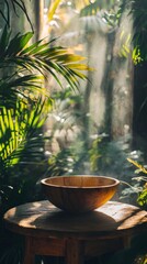 Poster - wooden bowl on rustic table surrounded by lush tropical foliage, tranquil atmosphere. nature and relaxation concept
