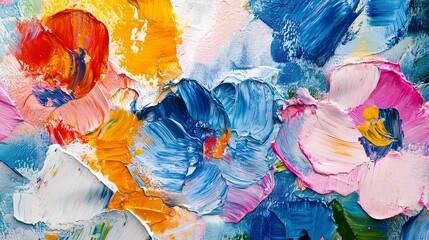 Poster - Closeup of abstract rough colorful multicolored organic floral spring flowers art painting texture, with oil acrylic brushstroke, pallet knife paint on canvas wallpaper  