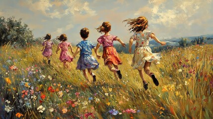 Sticker - Children running in a field of flowers painting  