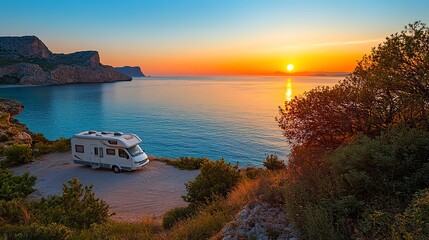 Wall Mural - Camping on nature beach. Caravan recreational vehicle at sunrise