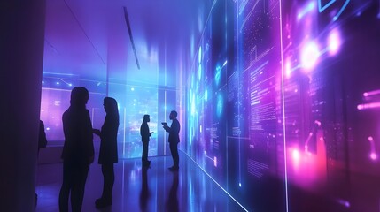 Poster - Futuristic business innovation hub with augmented reality brainstorming session for tech driven team and creative idea development