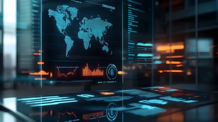 Poster - Futuristic hologram interface showcasing global market data and analytics for an impactful business presentation in a sleek modern office setting
