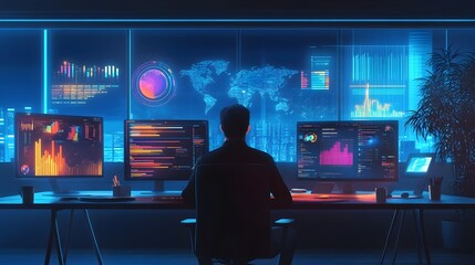 Poster - Entrepreneur using advanced holographic data visualization tools to collaborate on digital strategy and planning in a bright futuristic looking modern startup office workspace