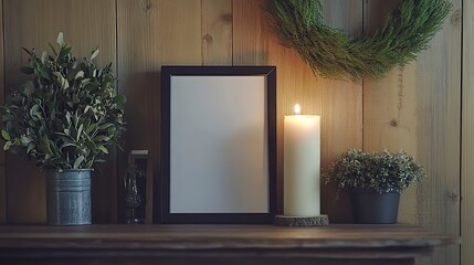 Poster - A simple and elegant still life scene featuring a photo frame, candle, and wreath., Ideal for use in projects related to remembrance, sympathy, or home decor. 