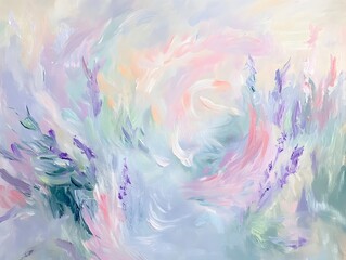Poster - Vibrant pastel hued abstract painting with soft blended colors and gentle textures ethereal swirling shapes in shades of pink lavender and mint