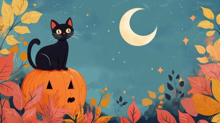 A charming Halloween illustration featuring a cute black cat sitting on a pumpkin, surrounded by colorful autumn leaves and a glowing moon. Perfect for seasonal themes!