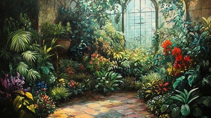 Wall Mural - A painting of a flourishing garden with a growing chart, representing organic growth. image  