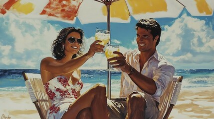 Sticker - A man and woman toasting drinks under an umbrella on a sandy beach 